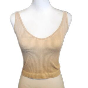 Aura Beige Ribbed Cropped V-neck Tank Top, M